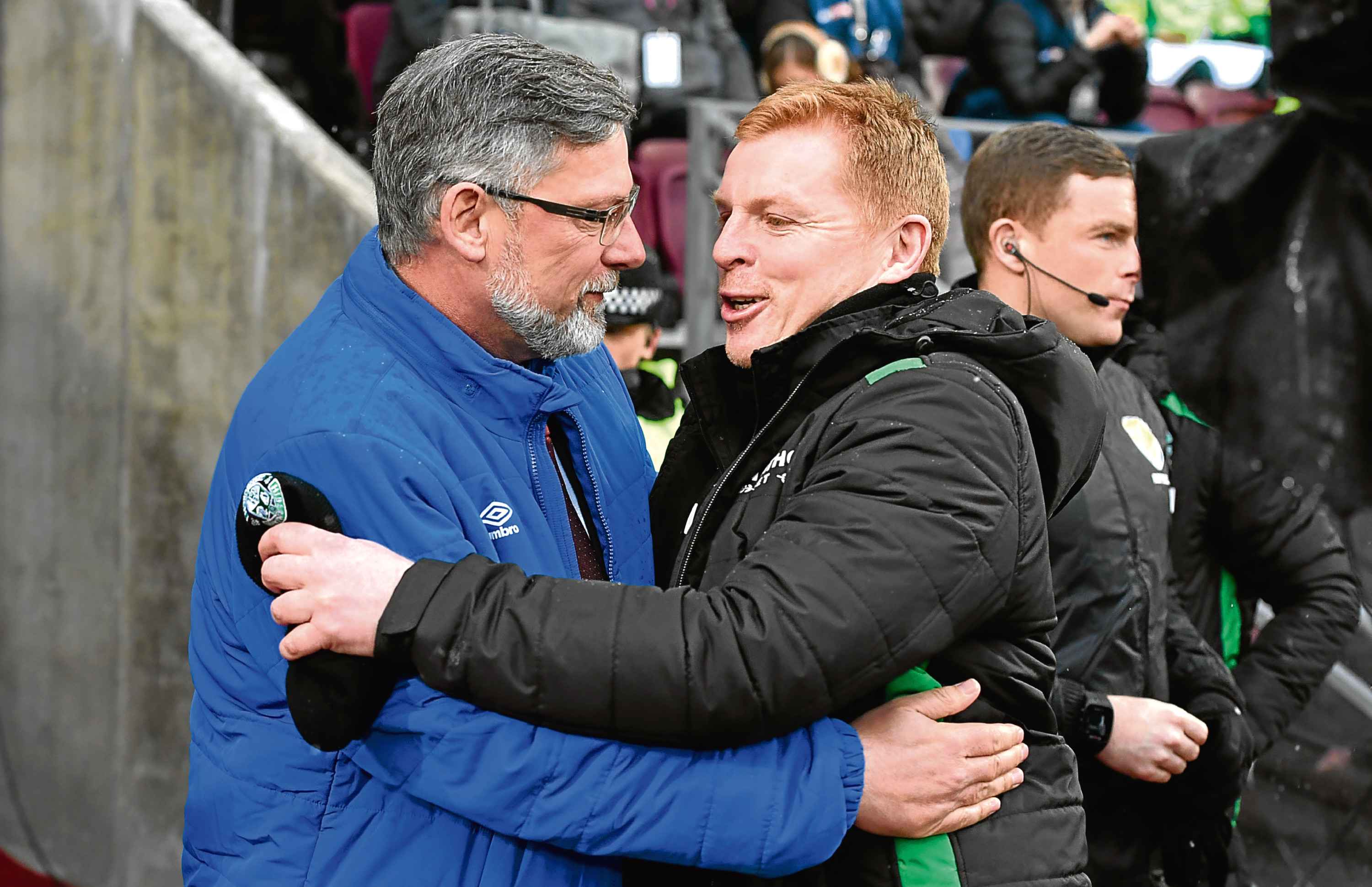 Hearts manager Craig Levein (L) with Hibernian manager Neil Lennon