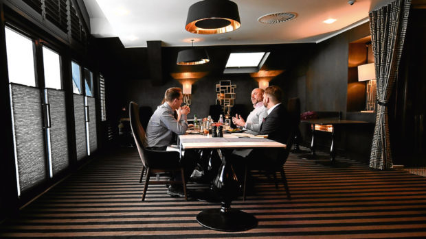 The business lunch at the Chester Hotel, hosted by Rebecca Buchan, with Graeme Gordon (IFB), David Tawse (Nimbus Blue) and Ross McKenzie (Addleshaw Goddard).    
Pictured - L-R David Tawse, Graeme Gordon and Ross McKenzie.     
Picture by Kami Thomson.