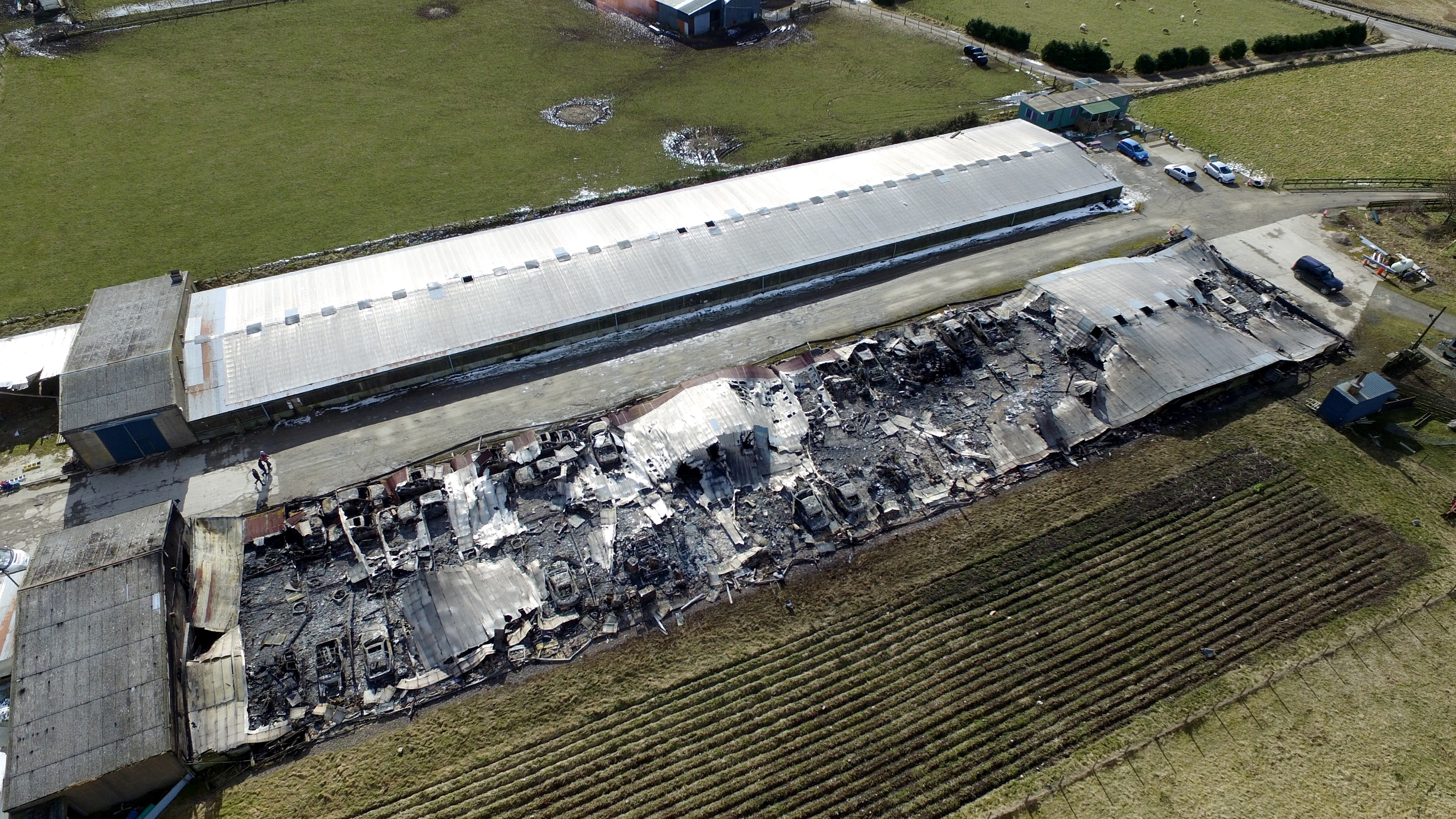 Aerial image of damage after a large fire at Birkhill Storage and Distribution Ltd, near the B997, Birkhill Farm, Parkhill, Aberdeen. 
Picture by Kenny Elrick.