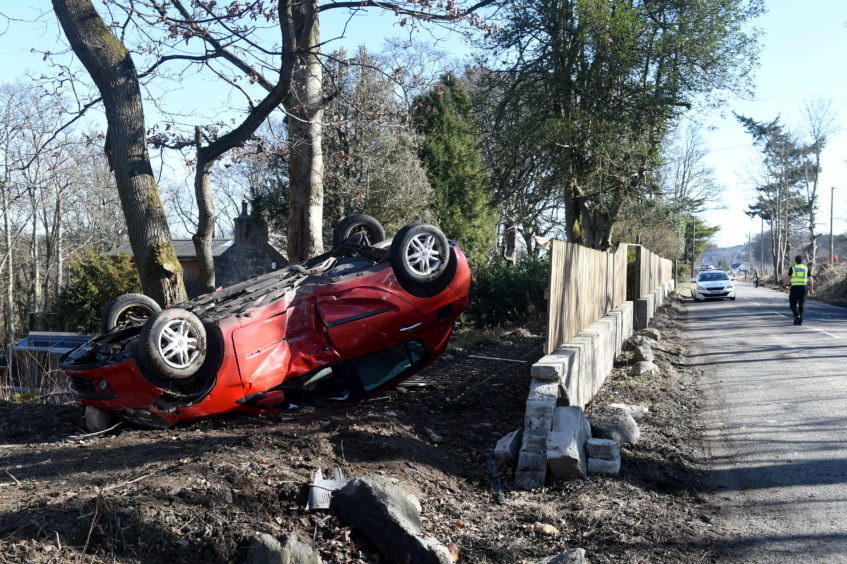 Pictured is the one car rtc on the South Deeside Road, near Bingham Cottage just outside Riverside of Blairs.
