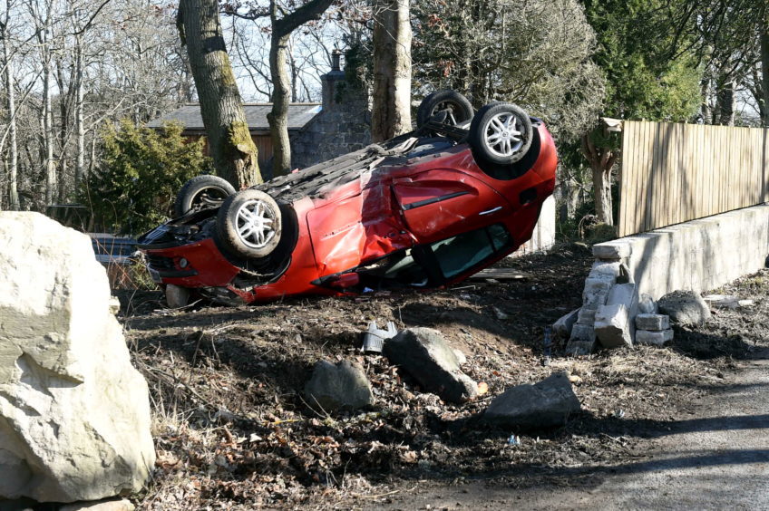 Pictured is the one car rtc on the South Deeside Road, near Bingham Cottage just outside Riverside of Blairs.