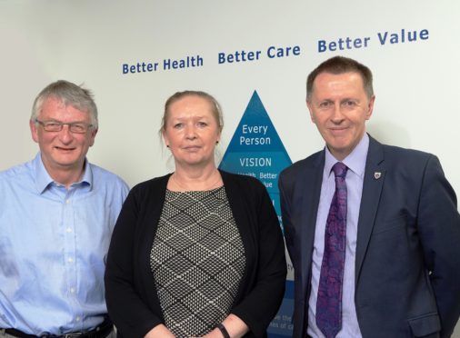 Pictured outside the board meeting are NHS Highland’s chair David Alston, chief executive Professor Elaine Mead and UHI principal and vice-chancellor Professor Clive Mulholland
