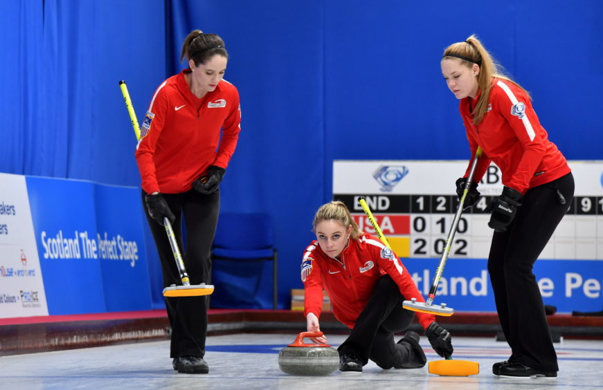 The World Junior Curling Championships 2018 at Curl Aberdeen.        Pictured - USA L-R Jenna Burchesky, Madisson Bear and Alison Howell.