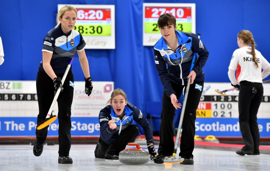 The World Junior Curling Championships 2018 at Curl Aberdeen.    Women - Scotland v Norway    Pictured - L-R Scotland's Leeanne McKenzie, Amy MacDonald and Hailey Duff.