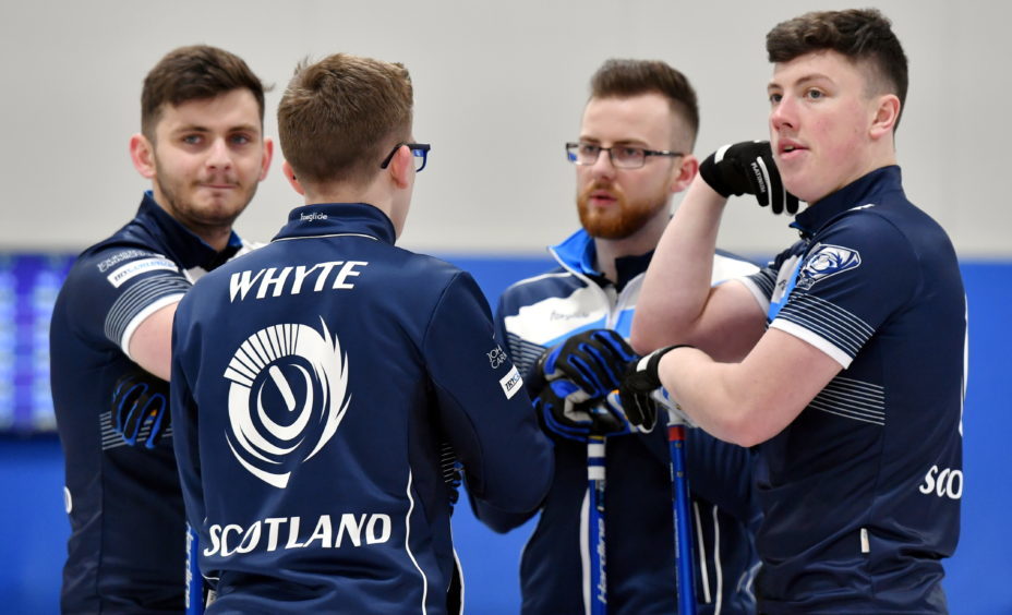 The World Junior Curling Championships 2018 at Curl Aberdeen.    Women - Scotland v Norway    Pictured - L-R Scotland Fraser Kingan, Skip Ross Whyte, Robin Brydone and Euan Kyle.