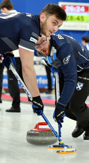 The World Junior Curling Championships 2018 at Curl Aberdeen.    Men - Scotland v Norway    Pictured - L-R Scotland's Fraser Kingan and Robin Brydone.