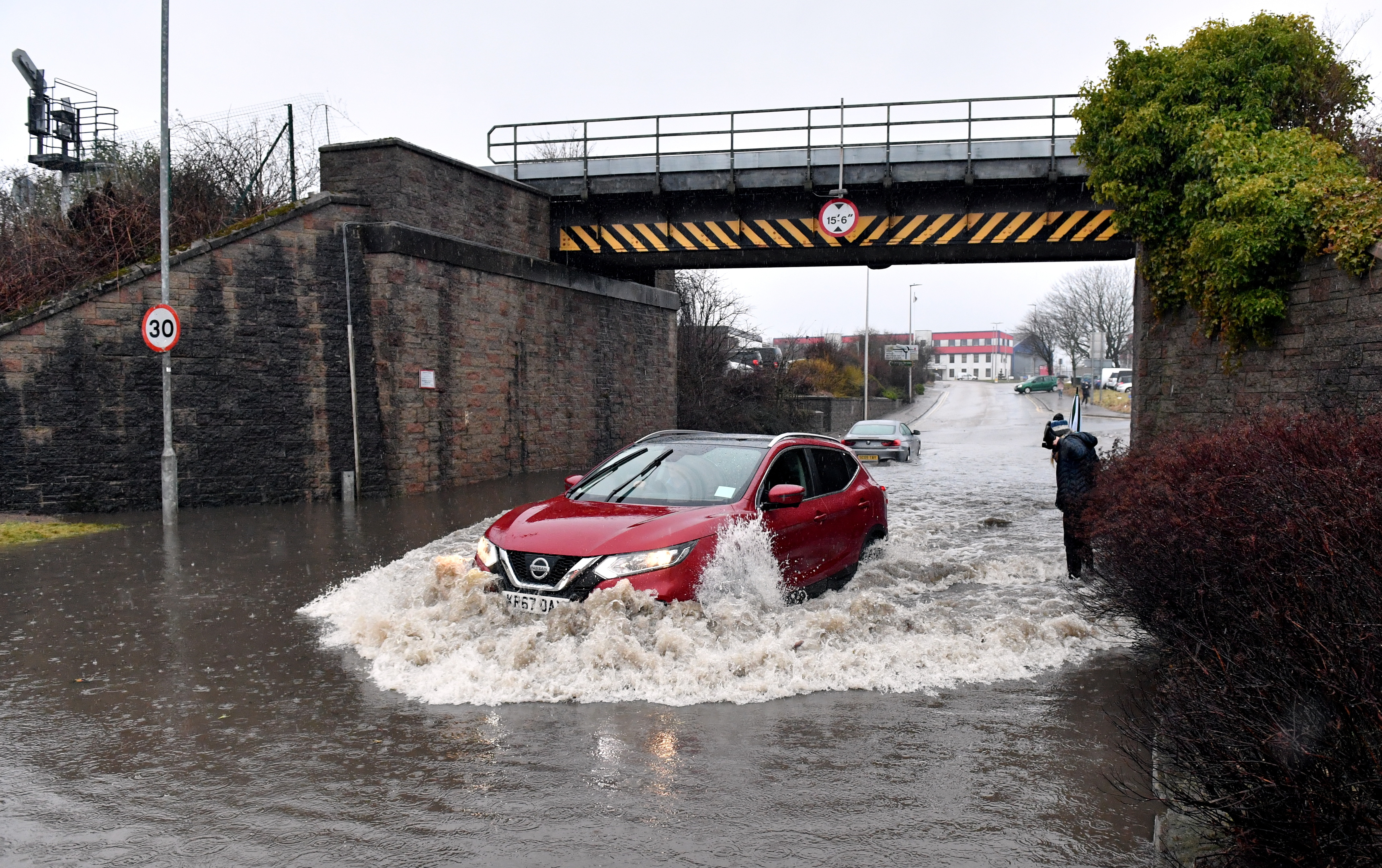 Farburn Terrace where it goes under the railway line near Victoria Street, Dyce is flooded.