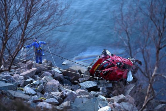 Emergency Services at the scene of yesterday afternoon's accident near Ardnessie in Wester Ross in which it a vehicle entered the water.