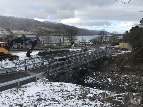 The temporary bridge has opened at Leckmelm.