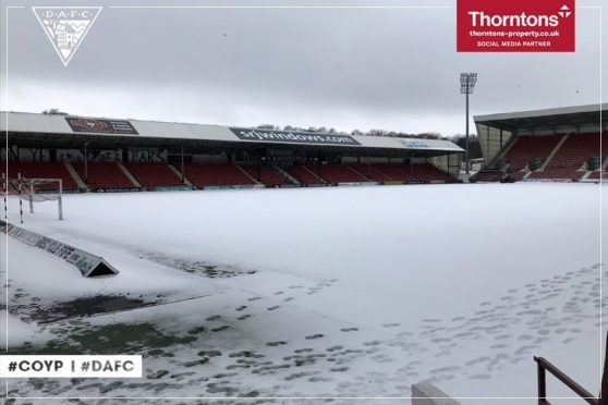 East End Park in Dunfermline is still covered in snow.