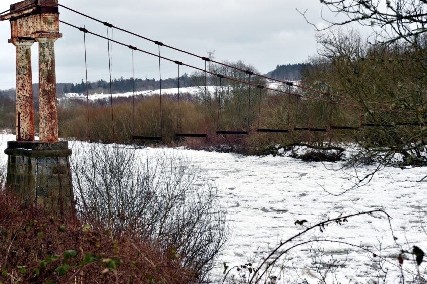 The Beast from the East - Ice covers the River Dee at the historic Shakkin Briggie - St. Devenick's Bridge which was a suspension footbridge which crosses the River Dee from Ardoe to Cults.