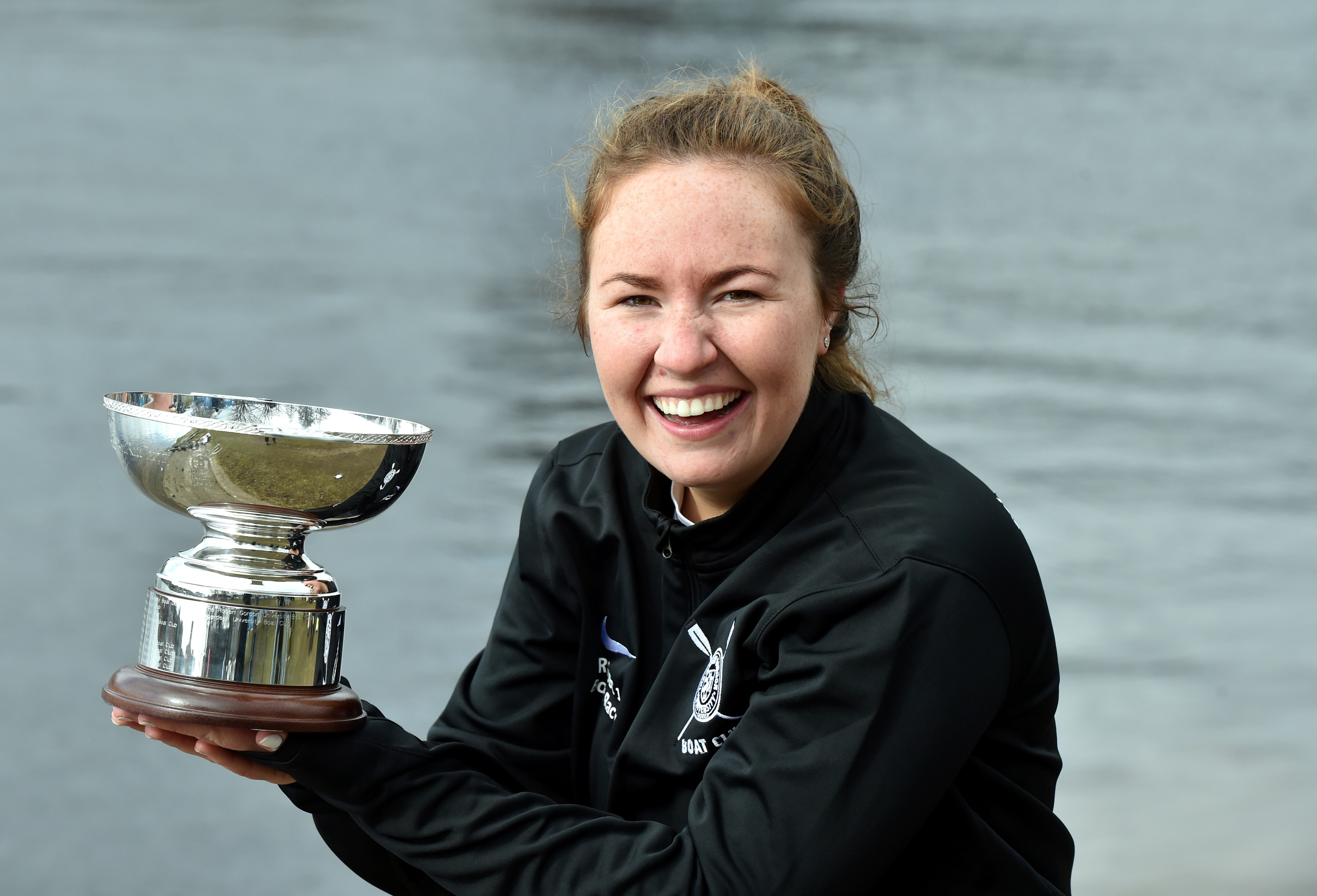 The Aberdeen Boat Race between Aberdeen University and Robert Gordon University. RGU were the winners. RGU President Erin Wyness with the trophy.
Picture by COLIN RENNIE   March 17, 2018.