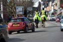 Police Scotland rode through Banchory undercover to see how drivers reacted when passing horses on the road. Many were stopped and warned of their driving if either too close, or driving fast past them. Police officers Simon Wilson and Jennifer Weir on their horses Stewarton and Lewis.
Picture by COLIN RENNIE  March 20, 2018.