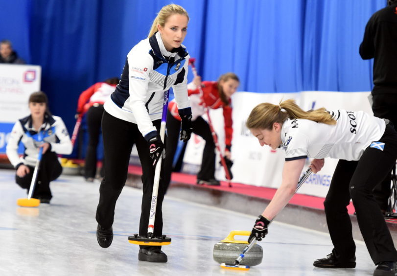 The Women World Junior Curling Championships 2018 at Curl Aberdeen, Lang Stracht, Aberdeen. In the picture are from left: Hailey Duff, Leeanne McKenzie and Amy MacDonald.