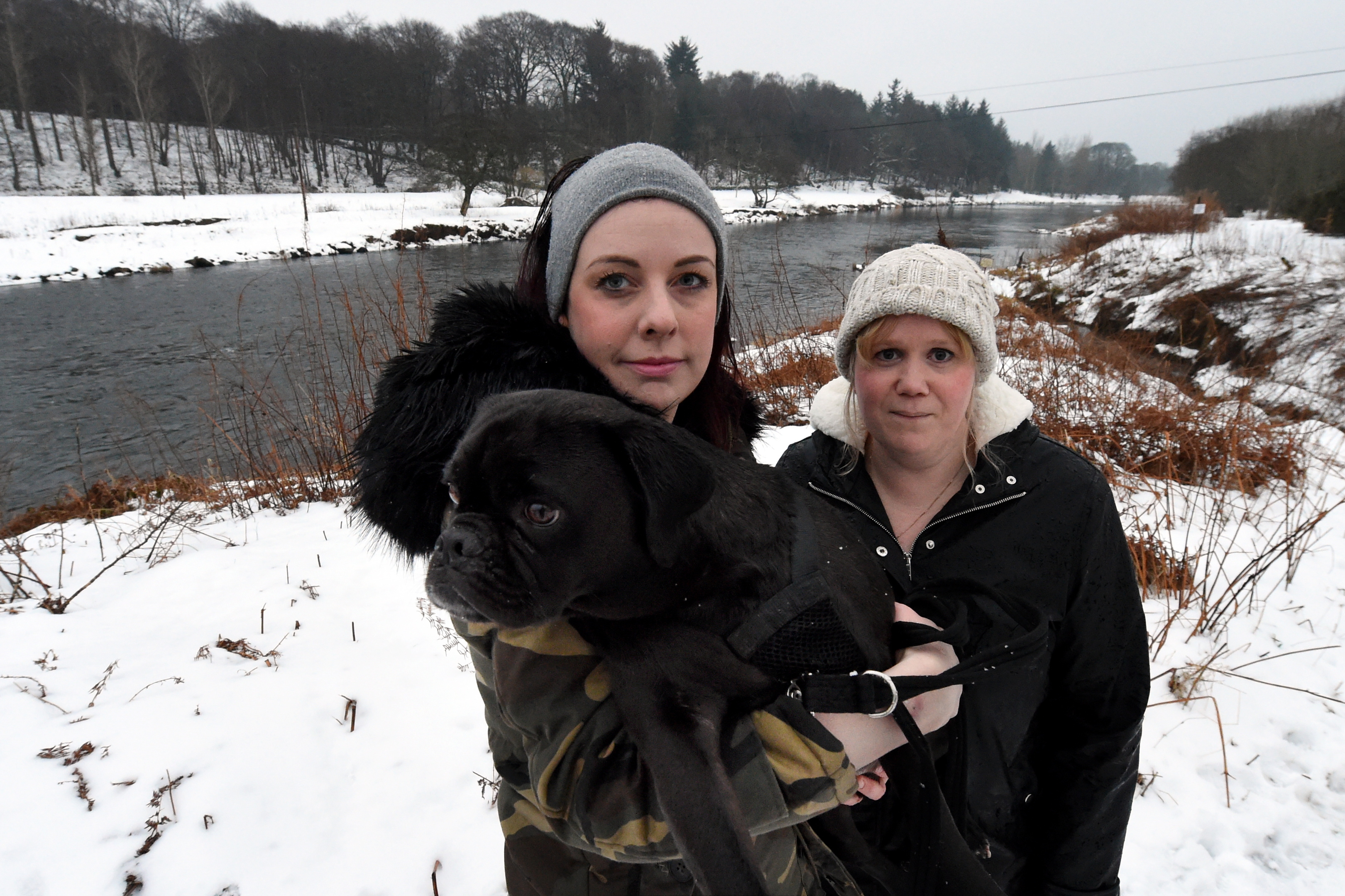 Debbie richmond, left and her friend Susan Liebnitz who jumped into the river to save Lemmy the pug pictured at River Don, Dyce, Aberdeen.