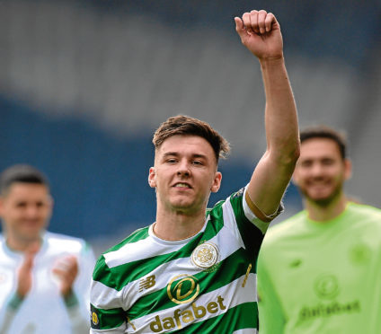 Kieran Tierney of Celtic celebrates at the final whistle as Celtic beat Rangers 4-0 during the Scottish Cup Semi Final match between Rangers and Celtic at Hampden Park on April.