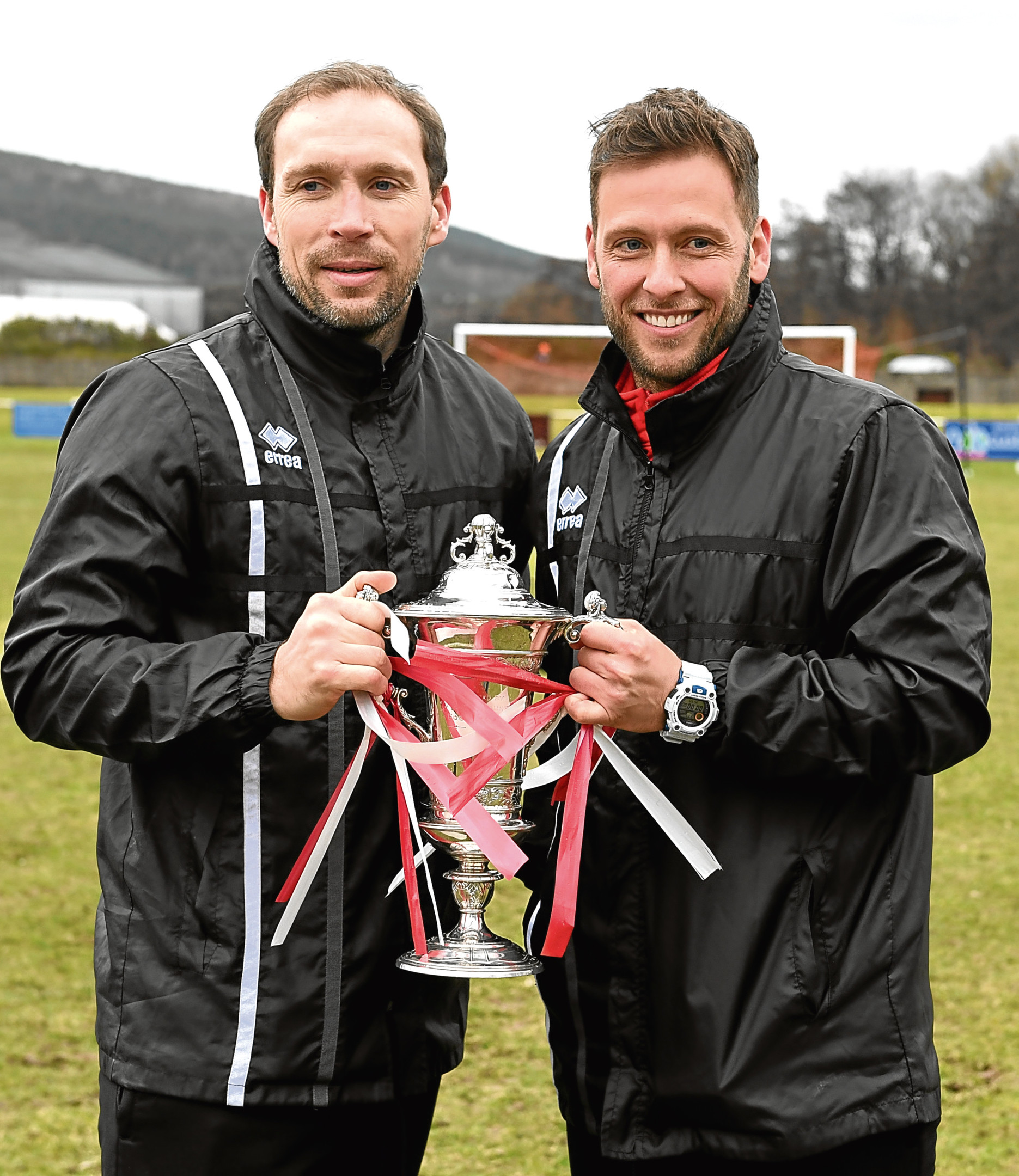 The Breedon Highland League Cup Final 2017-18 Formartine United (red/white) v Fraserburgh (black/white), at MacKessack Park, Rothes, Moray.      
Pictured - Formartine's Russell Anderson and Paul Lawson.   
Picture by Kami Thomson    31-03-18