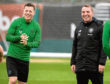19/04/18 
 CELTIC TRAINING
 LENNOXTOWN
 Celtic's Callum McGregor (left) with Celtic manager Brendan Rodgers