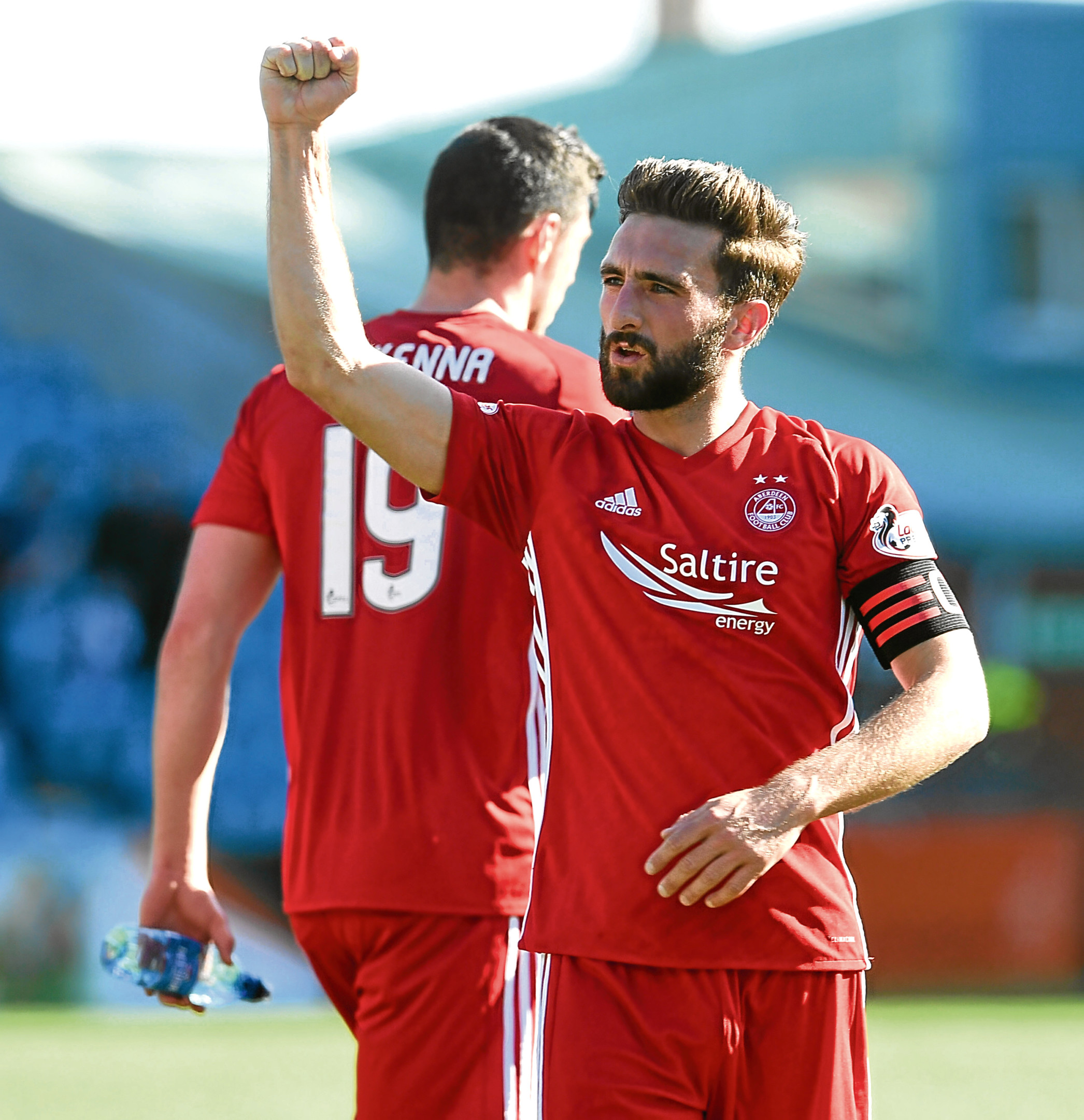 Aberdeen captain Graeme Shinnie celebrates at full time during the match against Kilmarnock