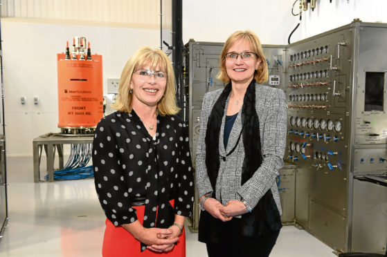 Aker Solutions New Subsea Service Base Opening at Howe Moss Terrace, Dyce.
Picture of (L-R) Sian Lloyd Rees, Aker Solutions, and Deirdre Michie, Oil & Gas UK.

Picture by KENNY ELRICK     26/04/2018