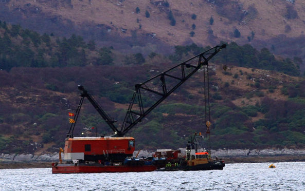 Crane in position to lift fishing vessel Nancy Glen. Picture credit: Kevin McGlynn.