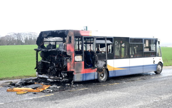 The fire service are attending a bus fire on the A96 Inverurie Road near the new AWPR roundabout