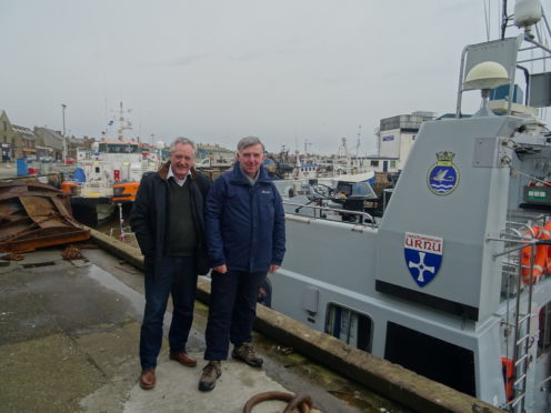 Heldon and Laich councillor John Cowe and Moray Council’s Armed Forces Champion, Donald Gatt, ready to board HMS Example at Peterhead Harbour