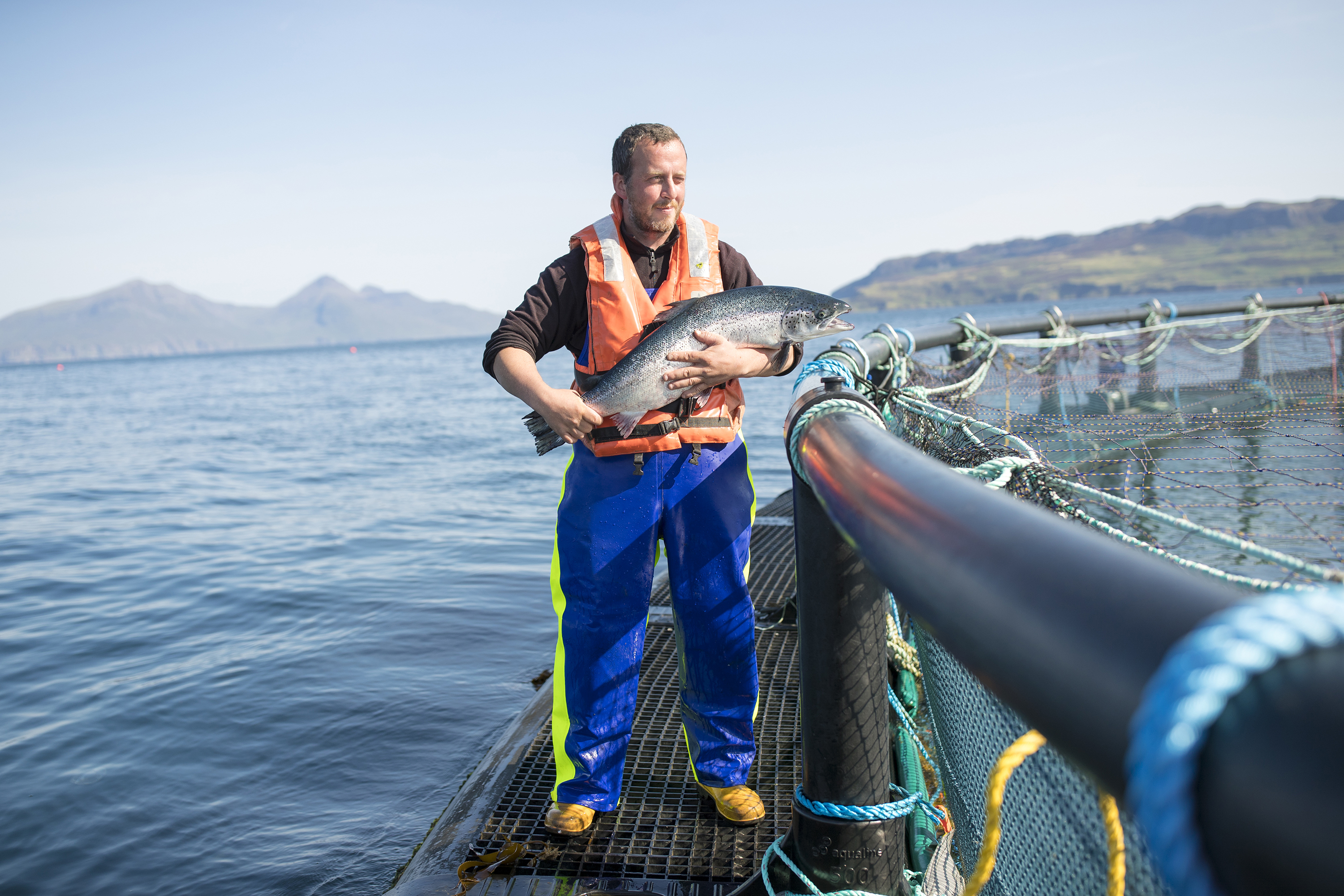 Fish farm manager Robert Wyvill, 34, originally from North Uist who has worked in fish farms since 1996 and on Muck since July 2014 at Marine Harvest's salmon farm on the Isle of Muck, Scotland.