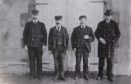 Last photograph of the three keepers on Eilean Mor from left to right, Marshall, Ducat and MacArthur with Muirhead on the right