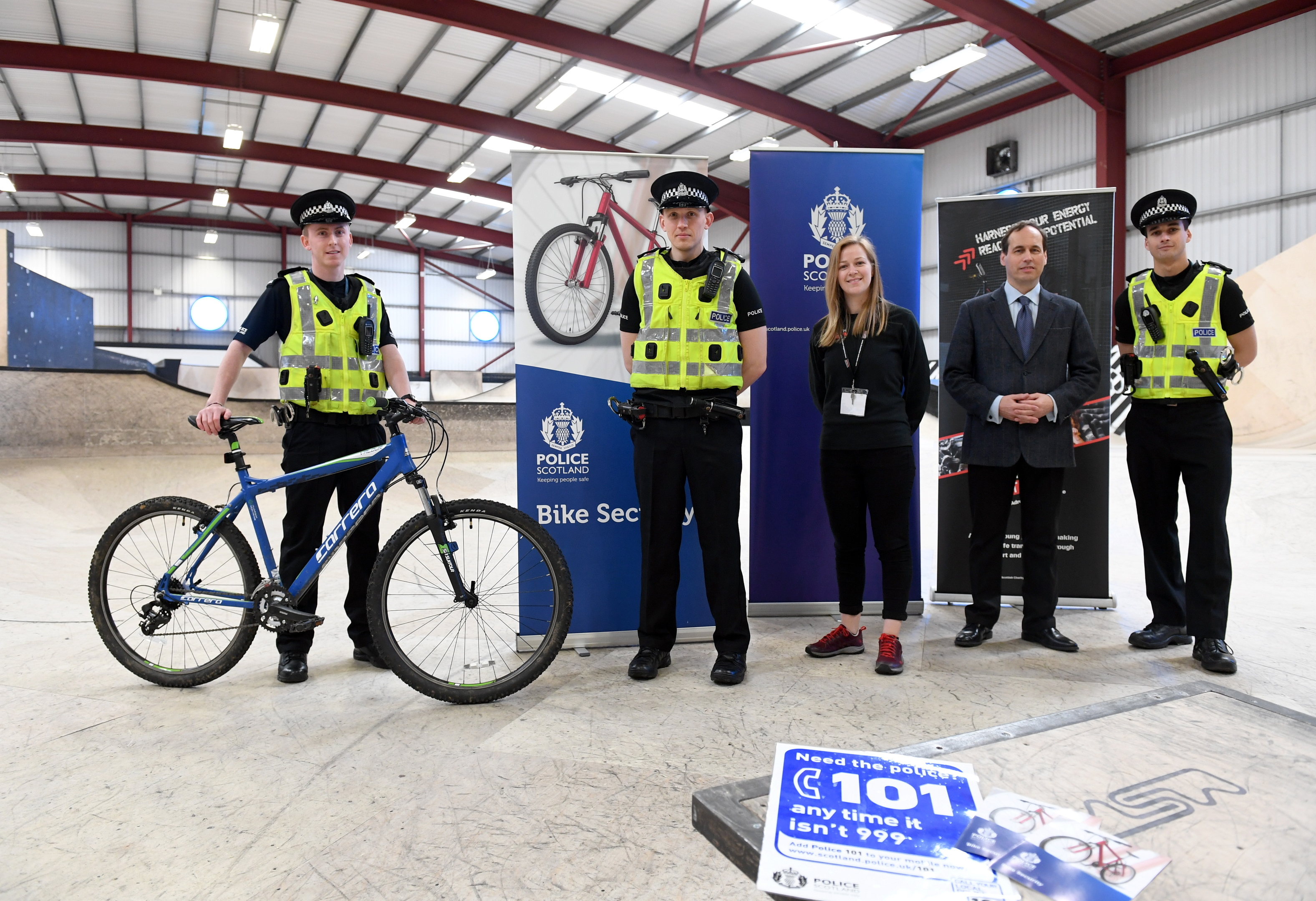 Launch of Police Scotland's annual initiative to tackle bike crime in Aberdeen, "Operation Lathe" at Transition Extreme.    
Pictured - L-R PCBlair Todd, Sgt Craig Murray, Linzi Harrow of Transition Extreme, Cllr Martin Greig and PC Rory Saunders.    
Picture by Kami Thomson    16-04-18