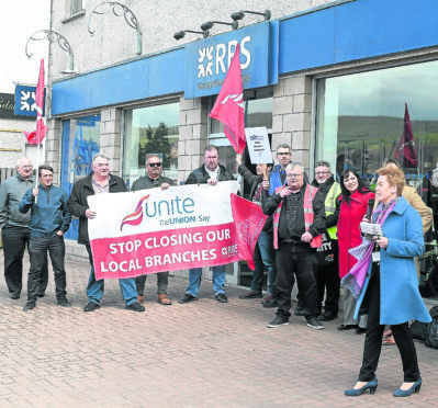 STUC and Unite Union members yesterday held a protest outside the Aviemore branch of the Royal Bank of Scotland which is due to close as part of the companies closure plans.