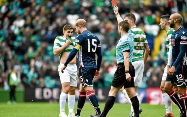 Staggies captain Andrew Davies, left, is sent off by referee Steven McLean at Parkhead