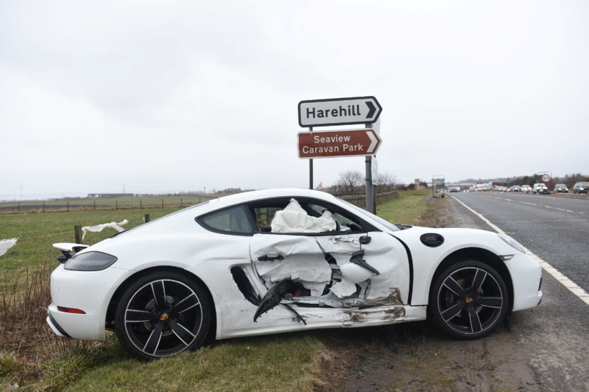 Pictured is the Porsche involved in a two car rtc on the A90 near the junction with Tarbothill Farm Cottages, Aberdeen.