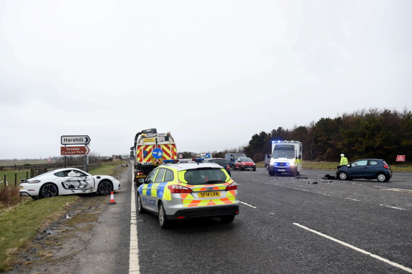 Pictured is the two car rtc on the A90 near the junction with Tarbothill Farm Cottages, Aberdeen.