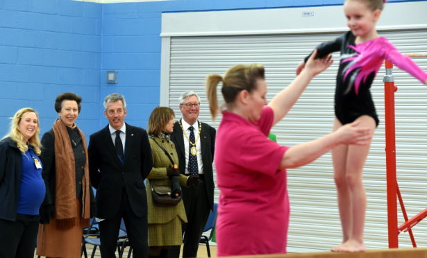 HRH The Princess Royal, formally opens the MacDuff Community and Sports centre, Duff Street, MacDuff. In the picture are from left: Lori Connell, duty officer, Princess Anne, Jim Savege, Chief executive, Mrs David, Bowes-Lion, lady in waiting and Provost Bill Howatson. 
Picture by Jim Irvine.