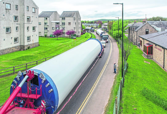 Picture shows first turbines transported through Moray/Elgin as part of the 22-week project to take parts to Dorenell site near Dufftown.