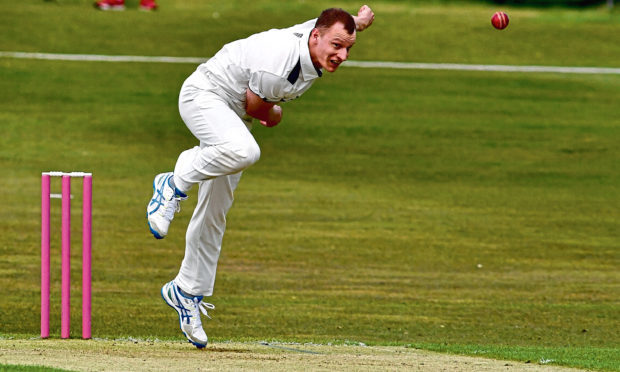 Cricket ; 
Aberdeenshire v Arbroath at Mannofield, Aberdeen.     
Pictured - Ian Kirk bowling for Aberdeenshire.   
Picture by Kami Thomson    05-05-18