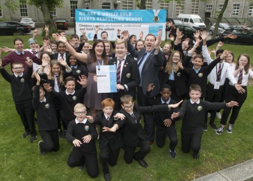 Coucillor Douglas Lumsden, Aberdeen City Council Co Leader was invited to attend the award ceremony for the UNICEF Gold Award Banner and met Ashleigh Wilson ( Lead co ordinator in Rights Respective Initiative) and Paula Paulima, (16YO S4-Rights Respective Ambassador)