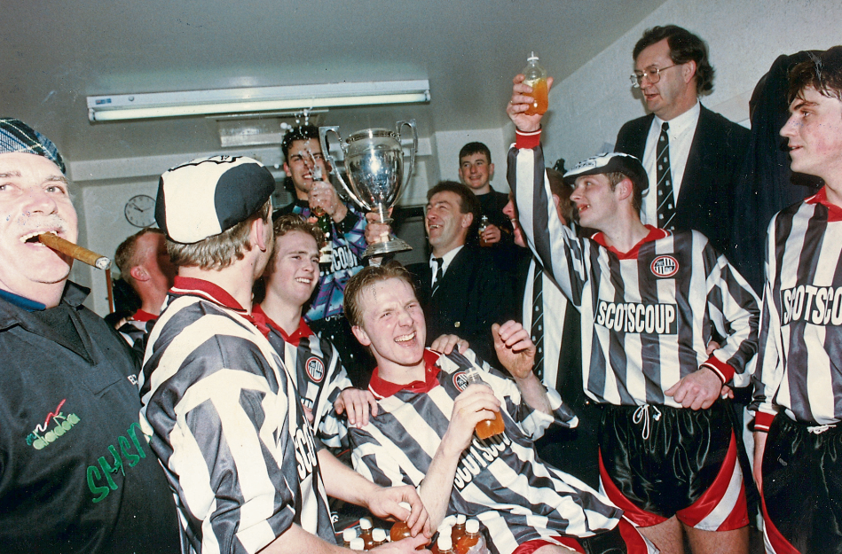 Elgin City's players celebrate winning the Highland League title in 1993 - before having their medals stripped days later.