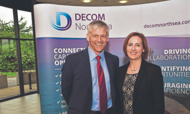 Tom Leeson, Decom North Sea interim CEO and Pauline Innes, who is collecting the Contribution to Decommissioning Award on behalf of Mark Bayman