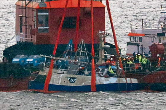 The Nancy Glen fishing trawler after its recovery from Loch Fyne at Tarbert, where it sank in January 2018