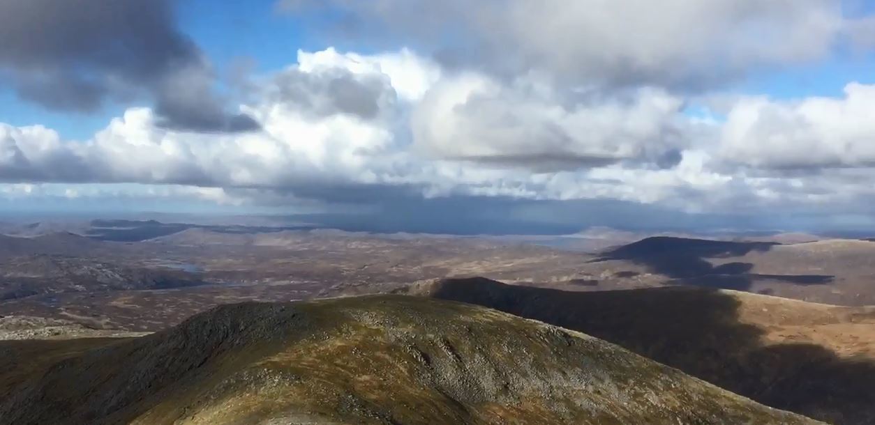 In the video you can see the sun glimmer off the coastline alongside the Oireabhal and Uisgneabhal Mor peaks.