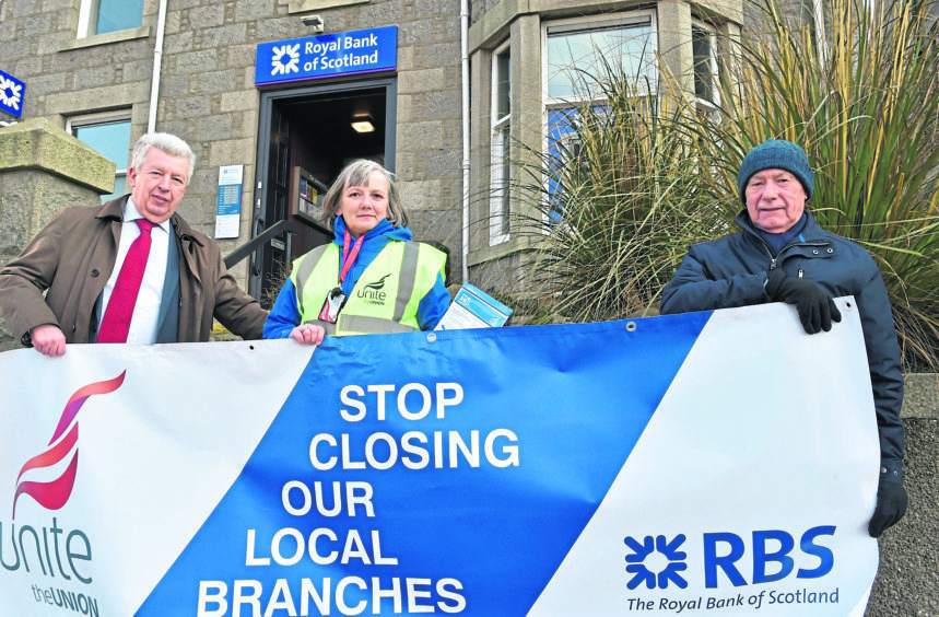 MSP Lewis Macdonald with Donna Clark and John McKay at the RBS Bridge of Don