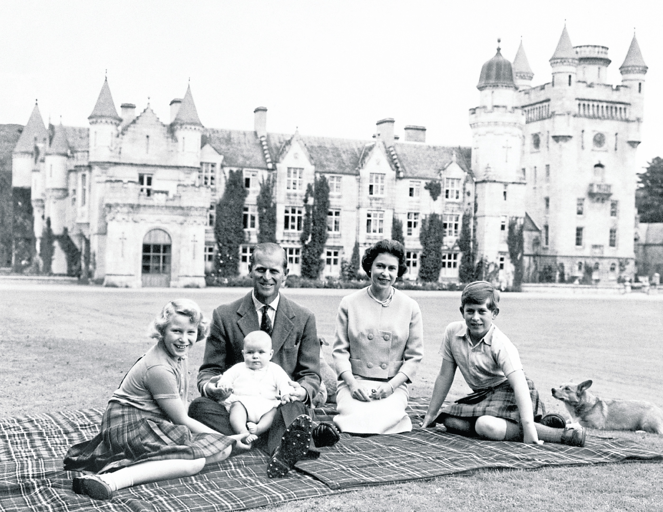 The Queen and Prince Philip with Princess Anne, Prince Charles and baby Prince Andrew at Balmoral on Deeside