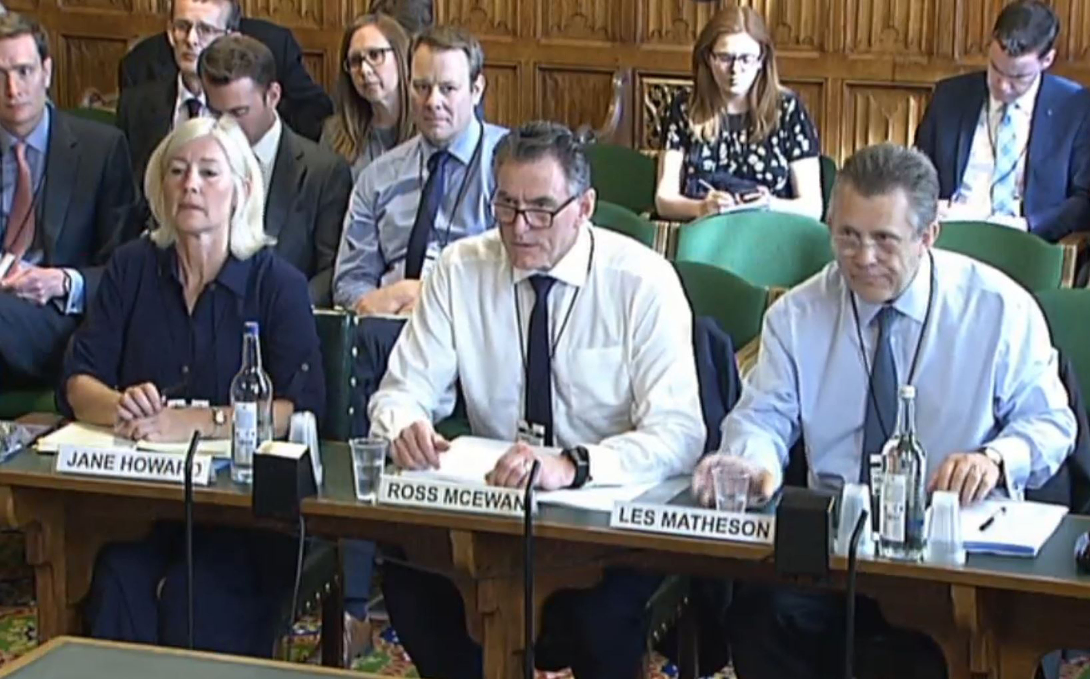 Jane Howard, RBS Managing Director, Personal Banking, Ross McEwan, RBS Chief Executive and Les Matheson RBS Chief Executive, Personal & Business Banking, giving evidence to the Scottish Affairs Committee on the banks plans to close more than 50 branches in Scotland.