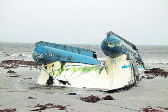 The Irish crab fishing boat which sank of the West coast of Ireland found washed ashore on the beach at Drimsdale on South Uist in the Western Isles.