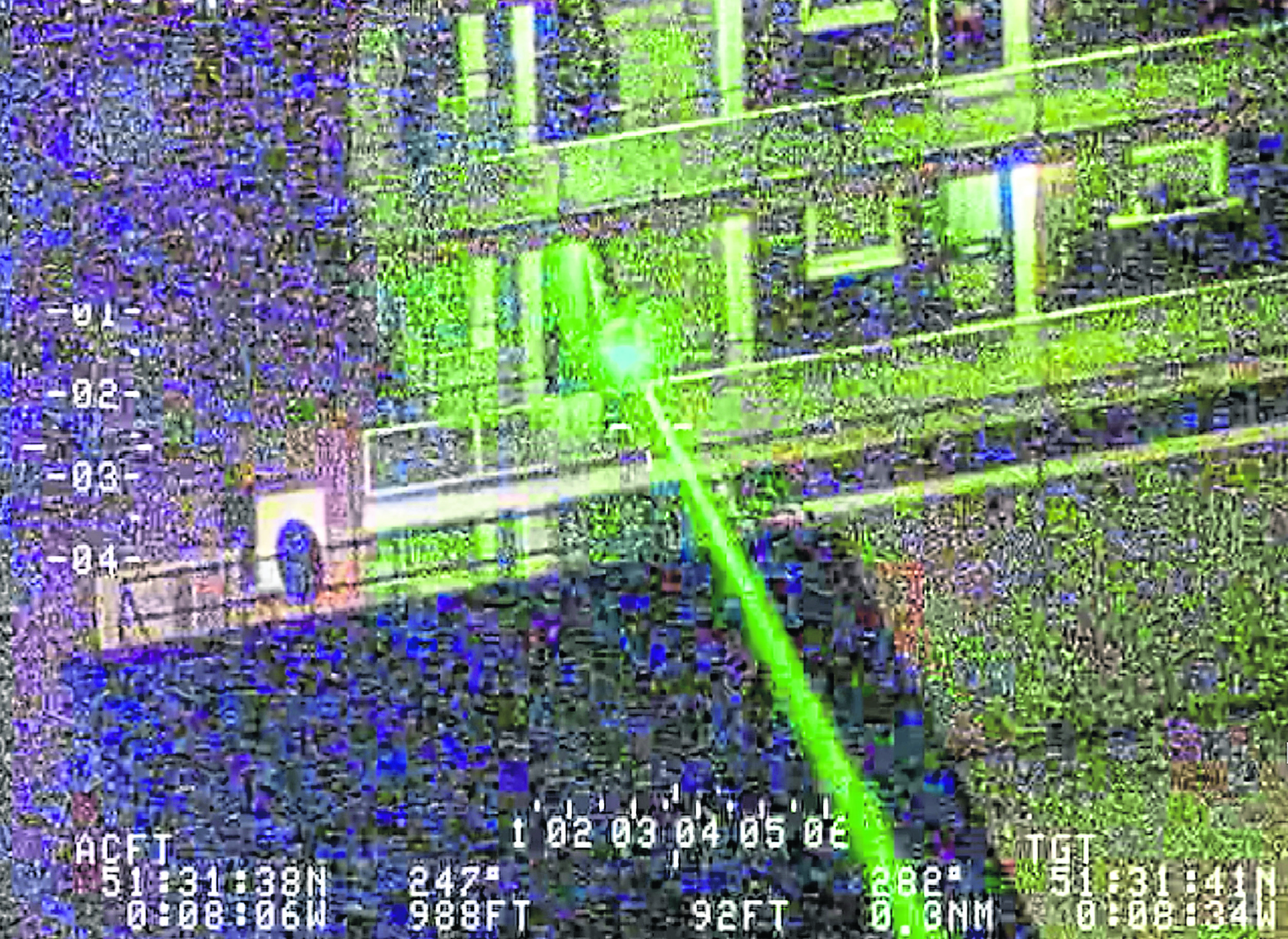Footage issued by the National Police Air Service (NPAS) of an incident in which a laser was directed at a police helicopter, as people shining laser pens at pilots, train and bus drivers could be jailed or face hefty fines under a tougher new law.