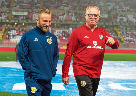 29/05/18 INTERNATIONAL FRIENDLY
 PERU v SCOTLAND (2-0)
 ESTADIO NACIONAL DE LIMA - PERU
 Scotland's Johnny Russell (L) with manager Alex McLeish.