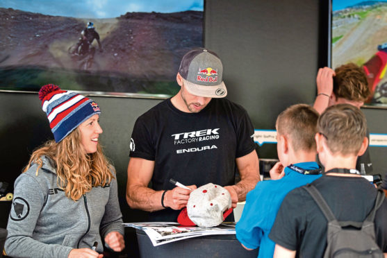 Rachel and Gee Atherton, of Trek Factory Racing, at the Fort William Mountain Bike World Cup 2018 at Nevis Range.  Credit Charne Hawkes.