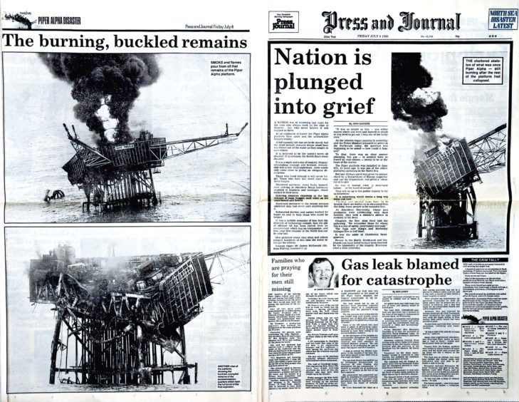 Press and Journal newspaper clippings reporting the Piper Alpha disaster in 1988.